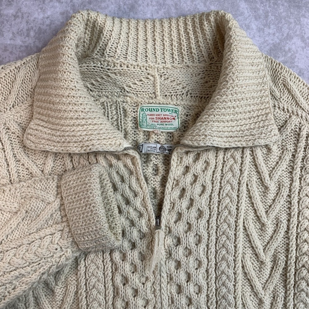 Vintage Round Tower  Irish Aran Fisherman Cardigan Handknit Wool Shawl Collar 44